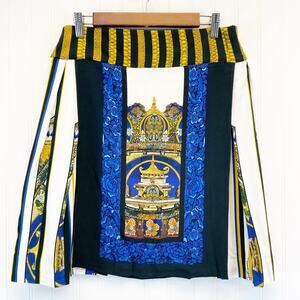 Just Cavalli Womens M Silk Skirt Oriental Asian Pagoda Box Pleat Flap Blue Gold